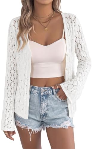 White Crochet Knit Hollow Out V Neck Cardigan Sweater