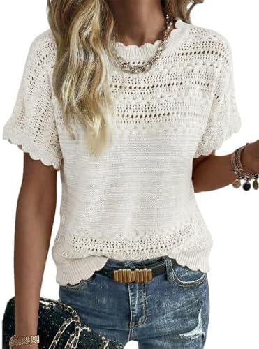 White Crochet Knit Sweater Crewneck Short Sleeve Top M | Crochet
