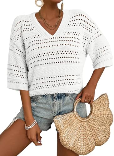 White Crochet Tops for Summer Short Sleeve Sweater