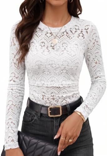 White Floral Lace Tops Fall Long Sleeve Crewneck Sheer Mesh