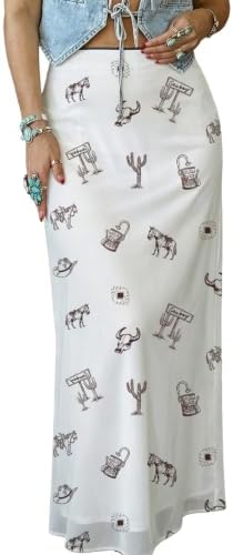 White High Waist Western Cowboy Print Mesh Boho Maxi Skirt