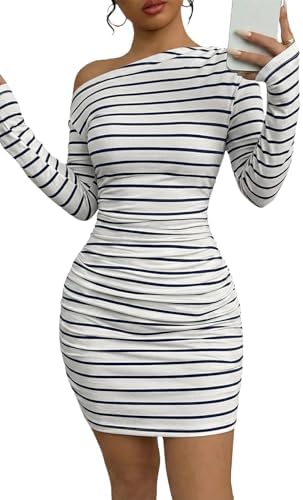White Off the Shoulder Striped Long Sleeve Dress