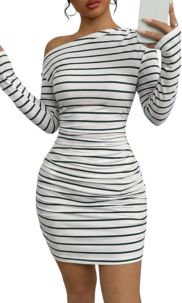 White Off the Shoulder Striped Long Sleeve Dress