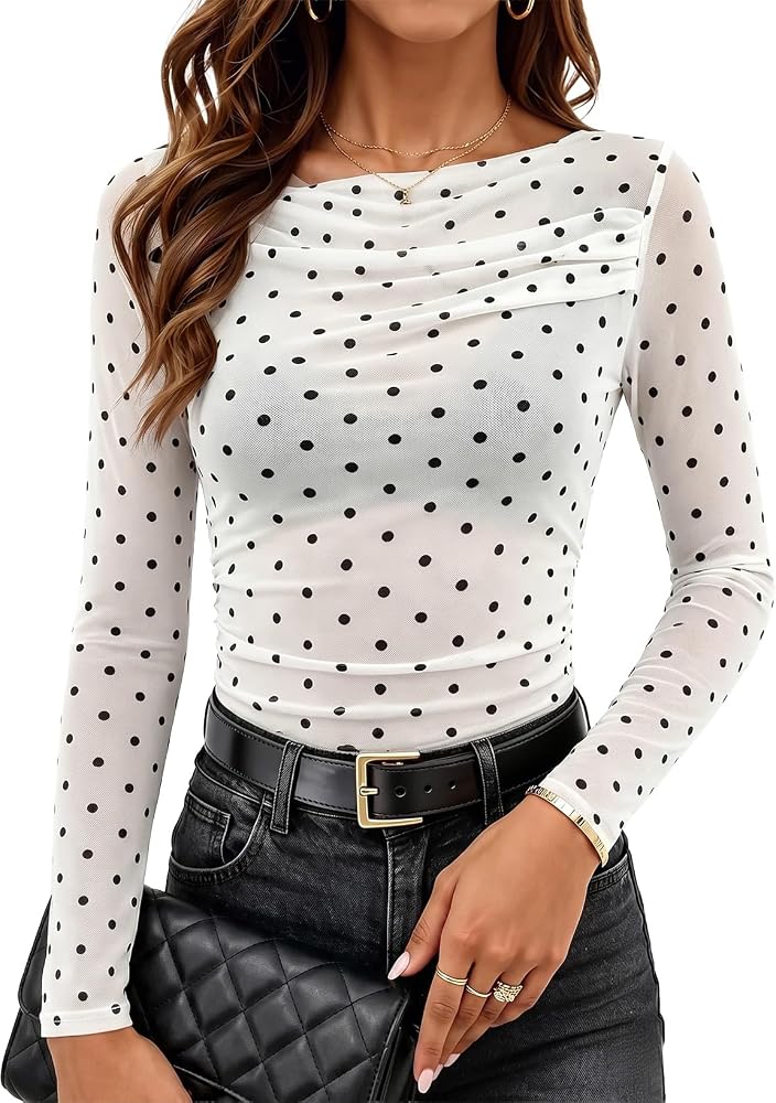 White Polka Dot Mesh Tops Fall Fashion 2026 Long Sleeve Boat Neck