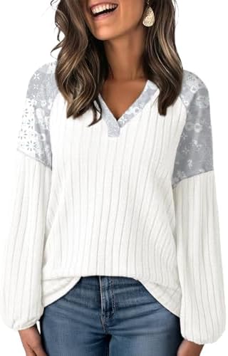 White Sweaters for V Neck Casual Knit Long Sleeve Tops