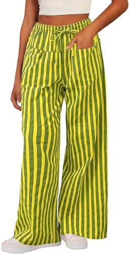 Yellow Casual Striped Color Block Pants Drawstring Elastic Waist