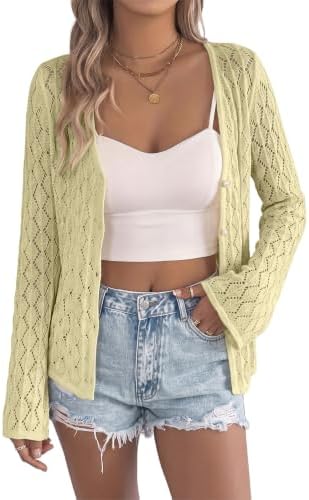 Yellow Crochet Knit Hollow Out V Neck Cardigan Sweater