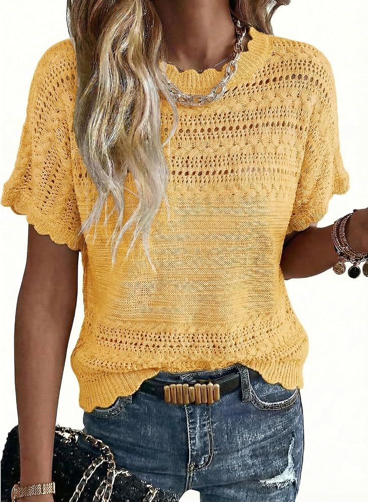 Yellow Crochet Knit Sweater Crewneck Short Sleeve Top