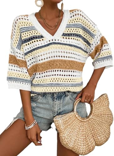 Yellow Crochet Tops for Summer Short Sleeve Sweater