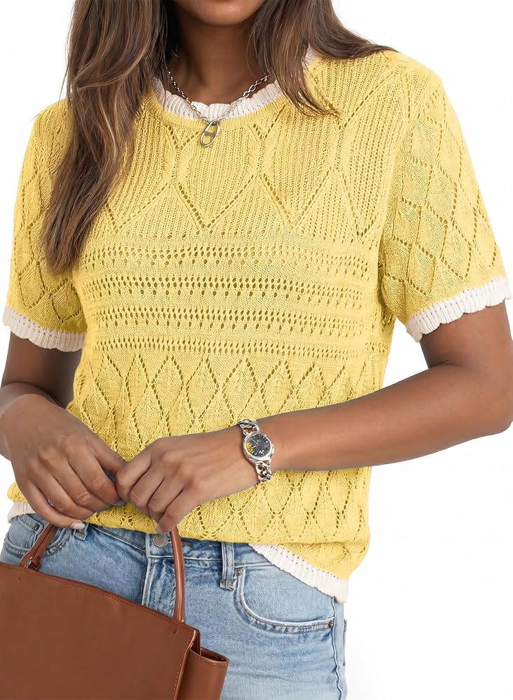 Yellow Short Sleeve Sweaters Crochet Tops